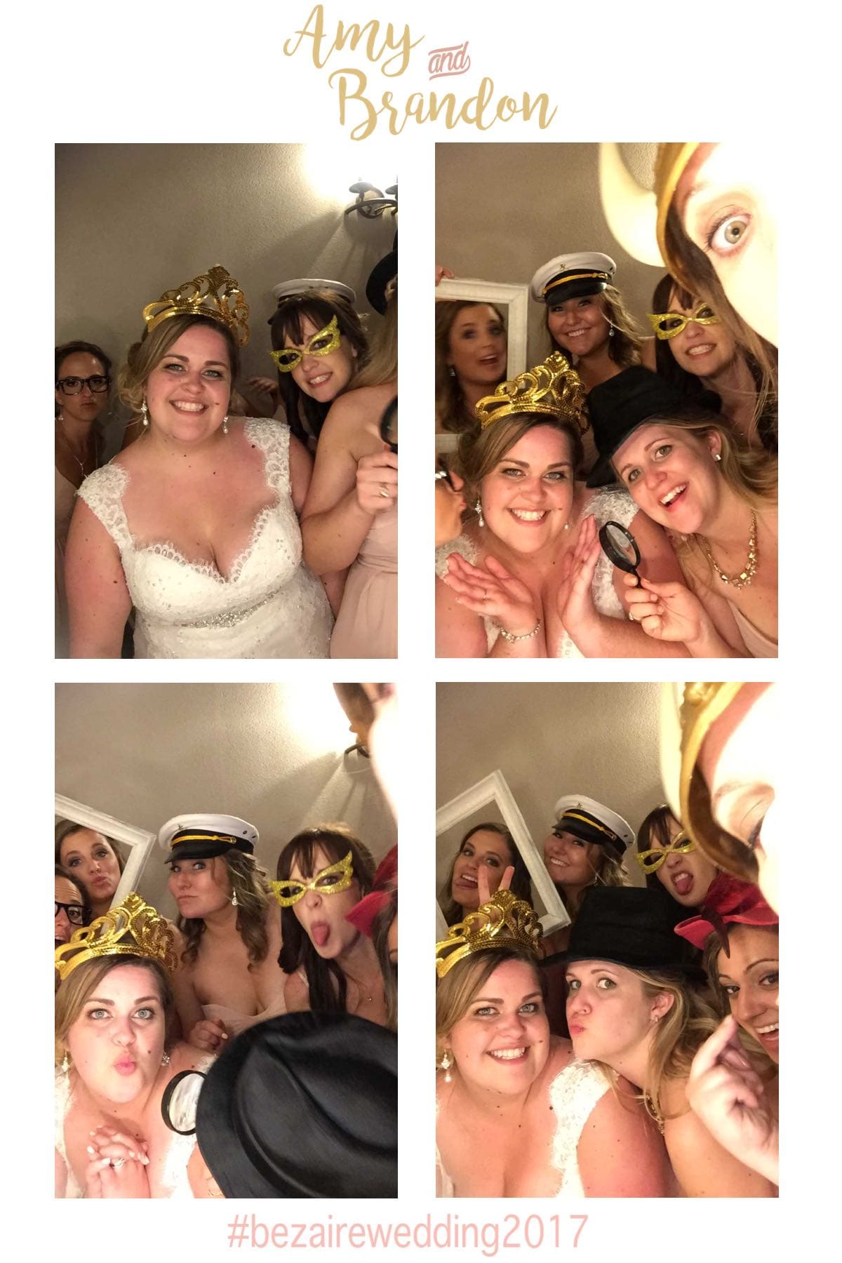 Four-photo wedding photo strip of the bride and bridesmaids wearing props